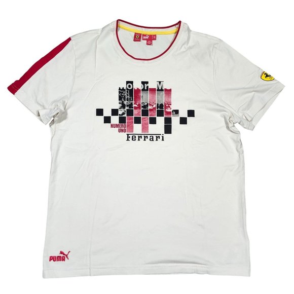 Puma Scuderia Ferrari Numero Uno Mens Lg T-Shirt Cream Checkered Racing Graphic - Picture 1 of 12